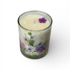 Floral Glass Candle with Purple Accents
